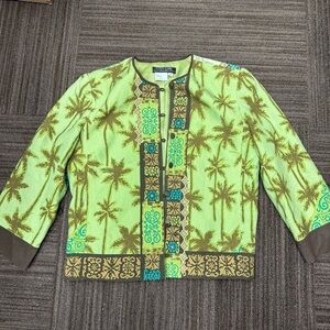 City Girl Vacation Tropical Palm Tree Green Brown Button Down Shirt Vintage Y2K